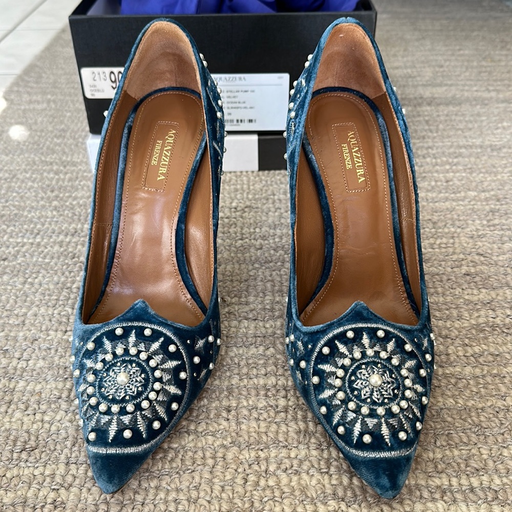Aquazzura
Stellar Pearly-Beaded
Velvet Pumps, Ocean Blue